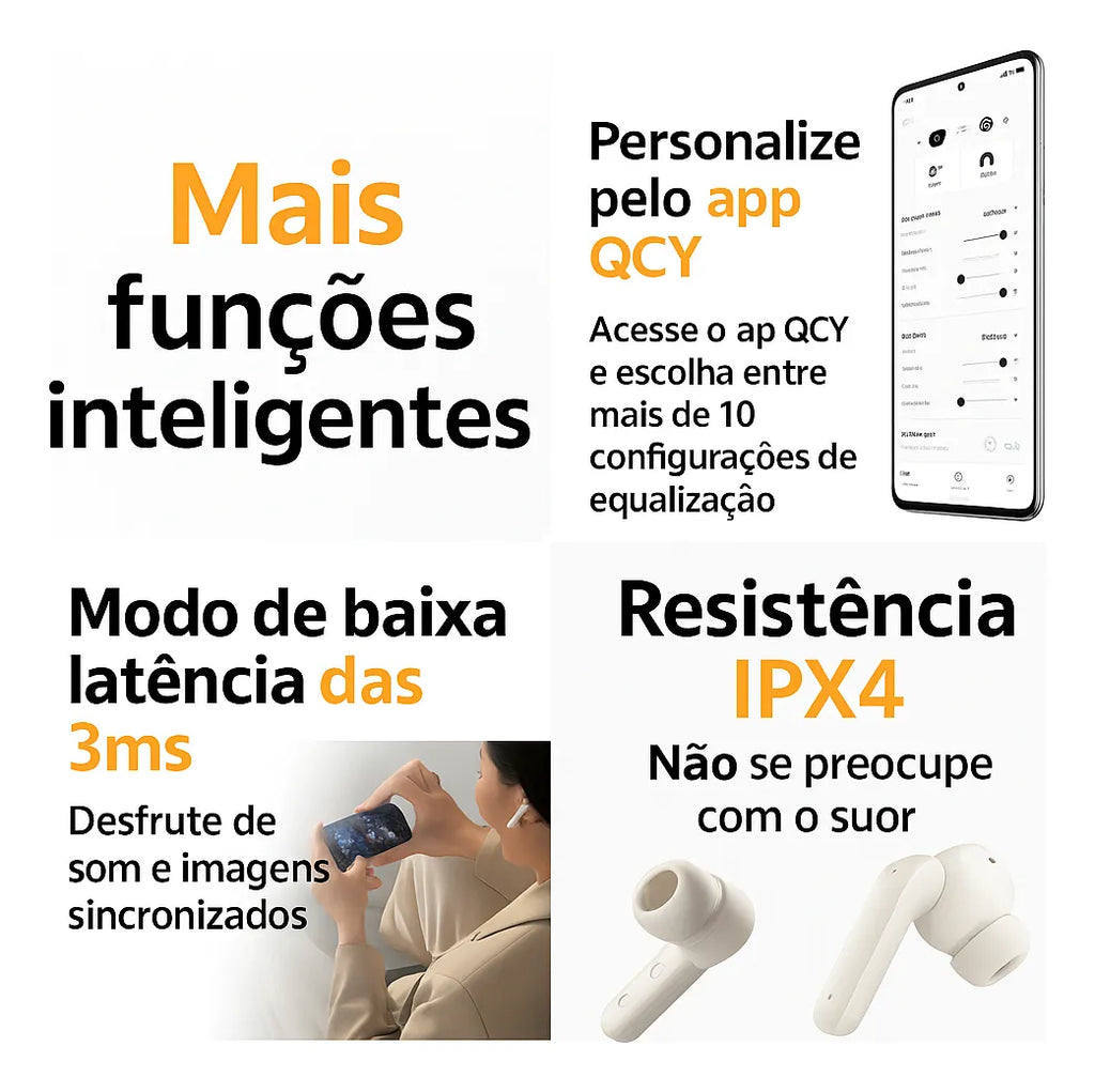 Fone QCY Buds T43 Bluetooth 5.3 Enc IPX4 Cor Preto