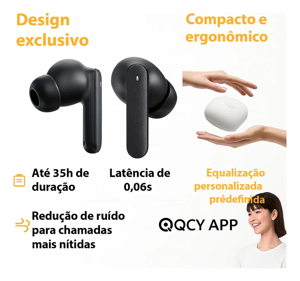 Fone QCY Buds T43 Bluetooth 5.3 Enc IPX4 Cor Preto