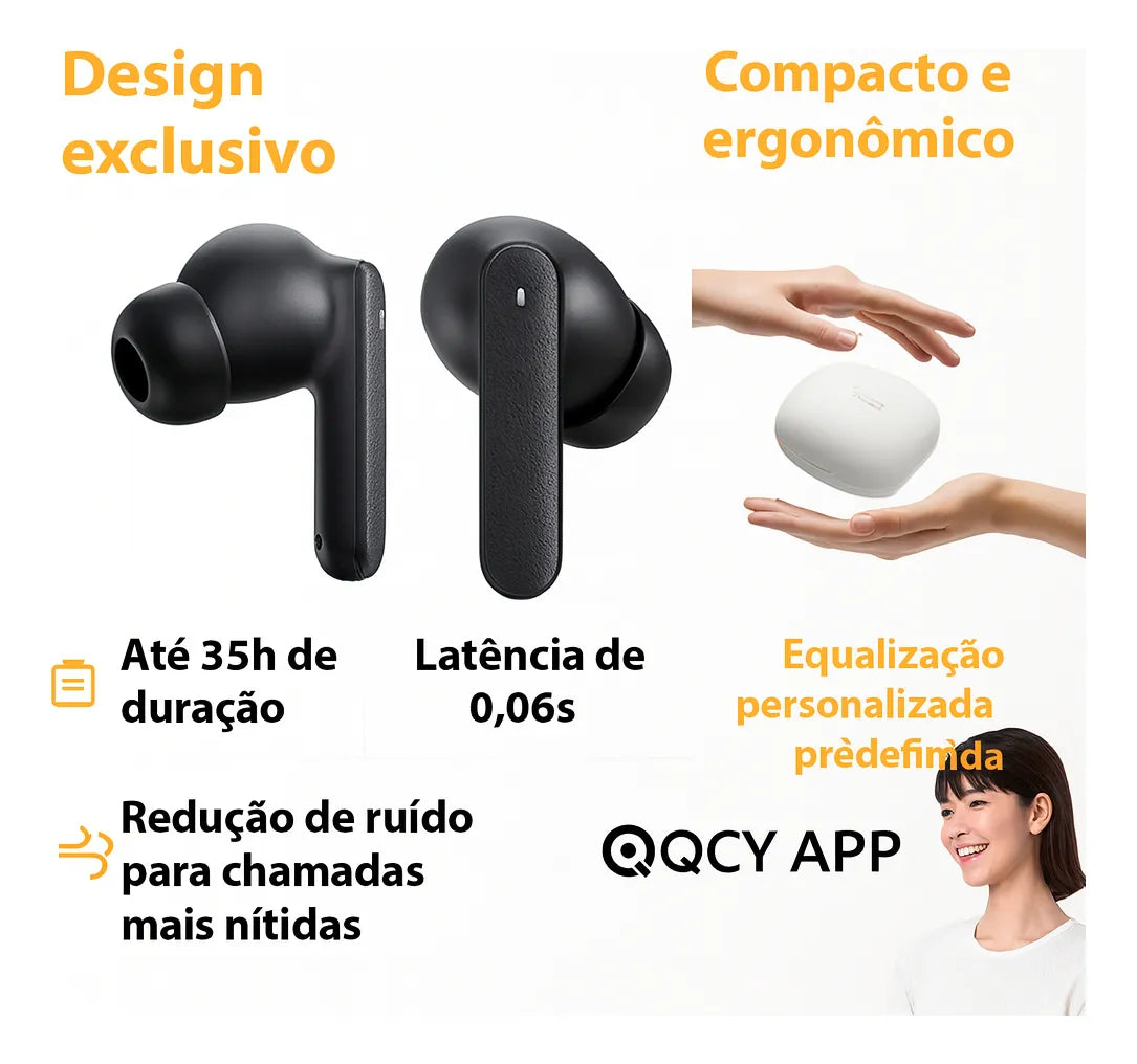Fone QCY Buds T43 Bluetooth 5.3 Enc IPX4 Cor Preto